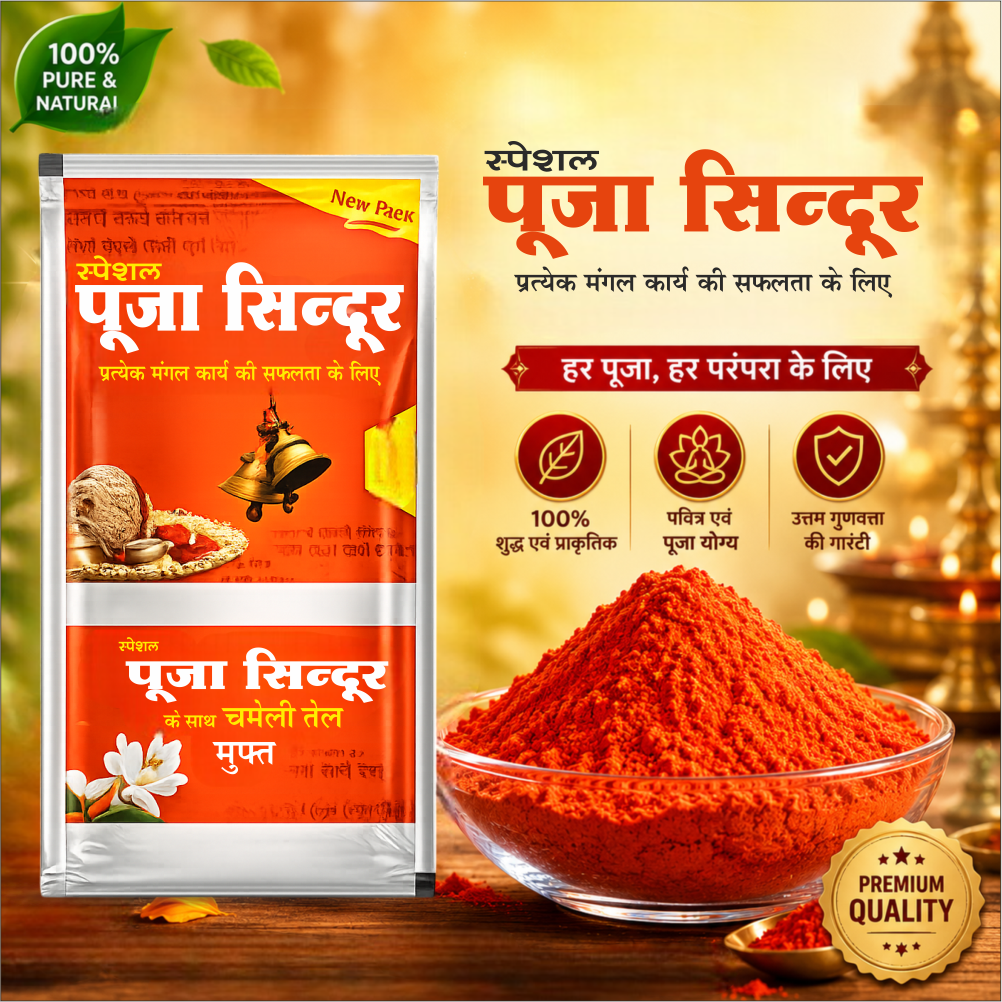 Special Pooja Sindoor 10 Gm With Free Chameli Oil | Bright Orange Vermilion Powder for Temple, Puja & Spiritual Rituals