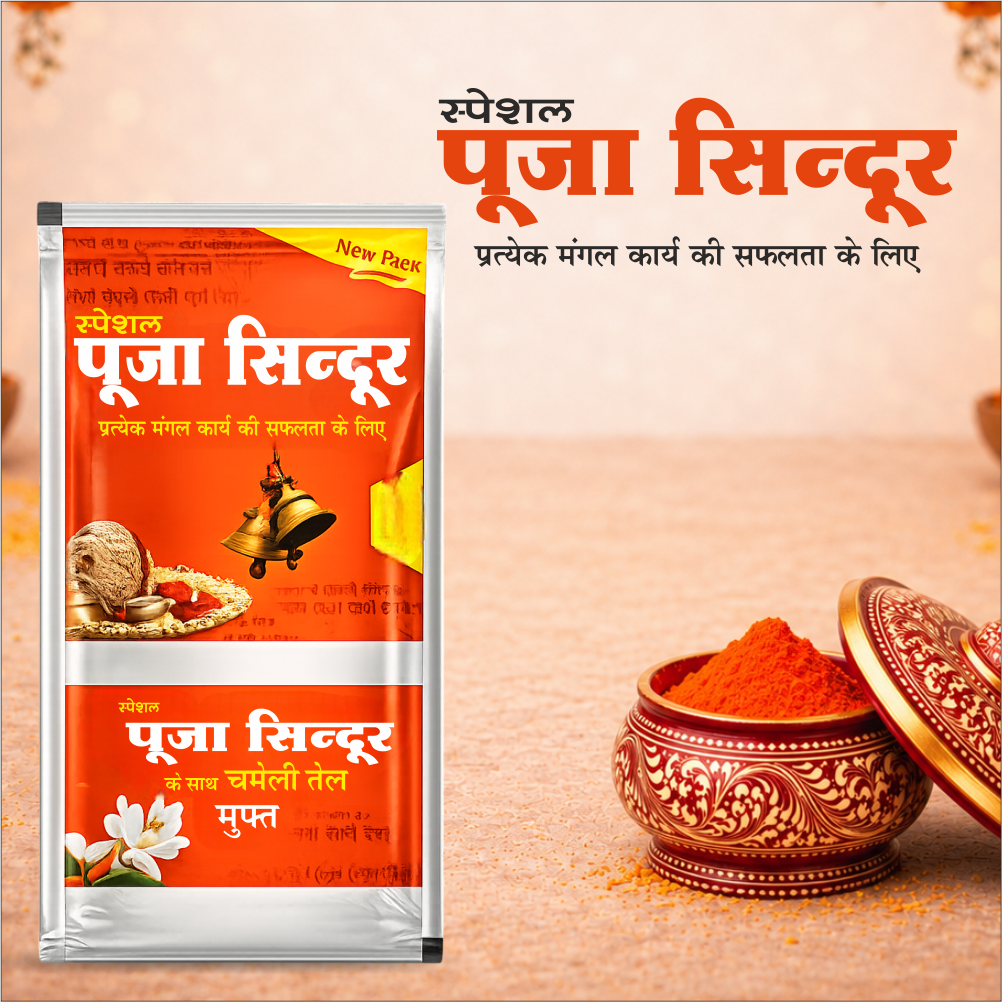 Special Pooja Sindoor 10 Gm With Free Chameli Oil | Bright Orange Vermilion Powder for Temple, Puja & Spiritual Rituals