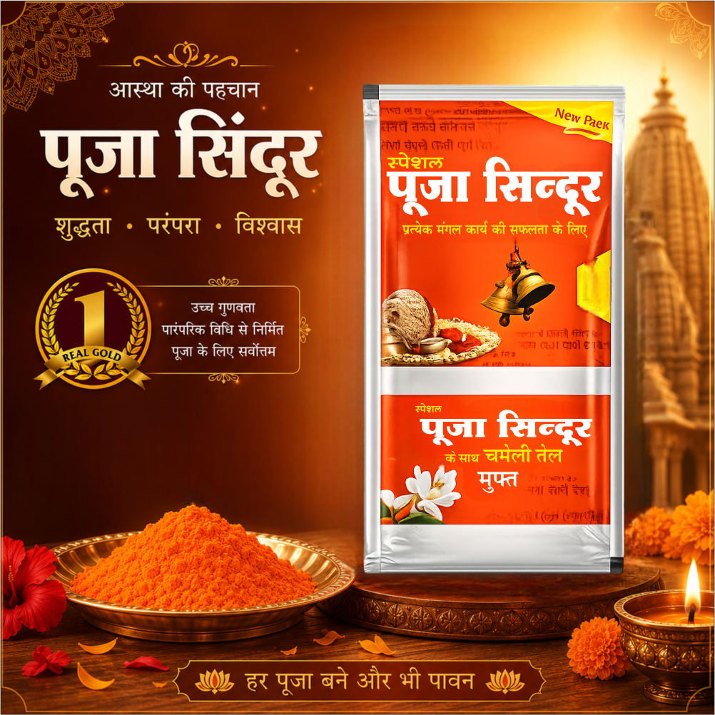 Special Pooja Sindoor 10 Gm With Free Chameli Oil | Bright Orange Vermilion Powder for Temple, Puja & Spiritual Rituals