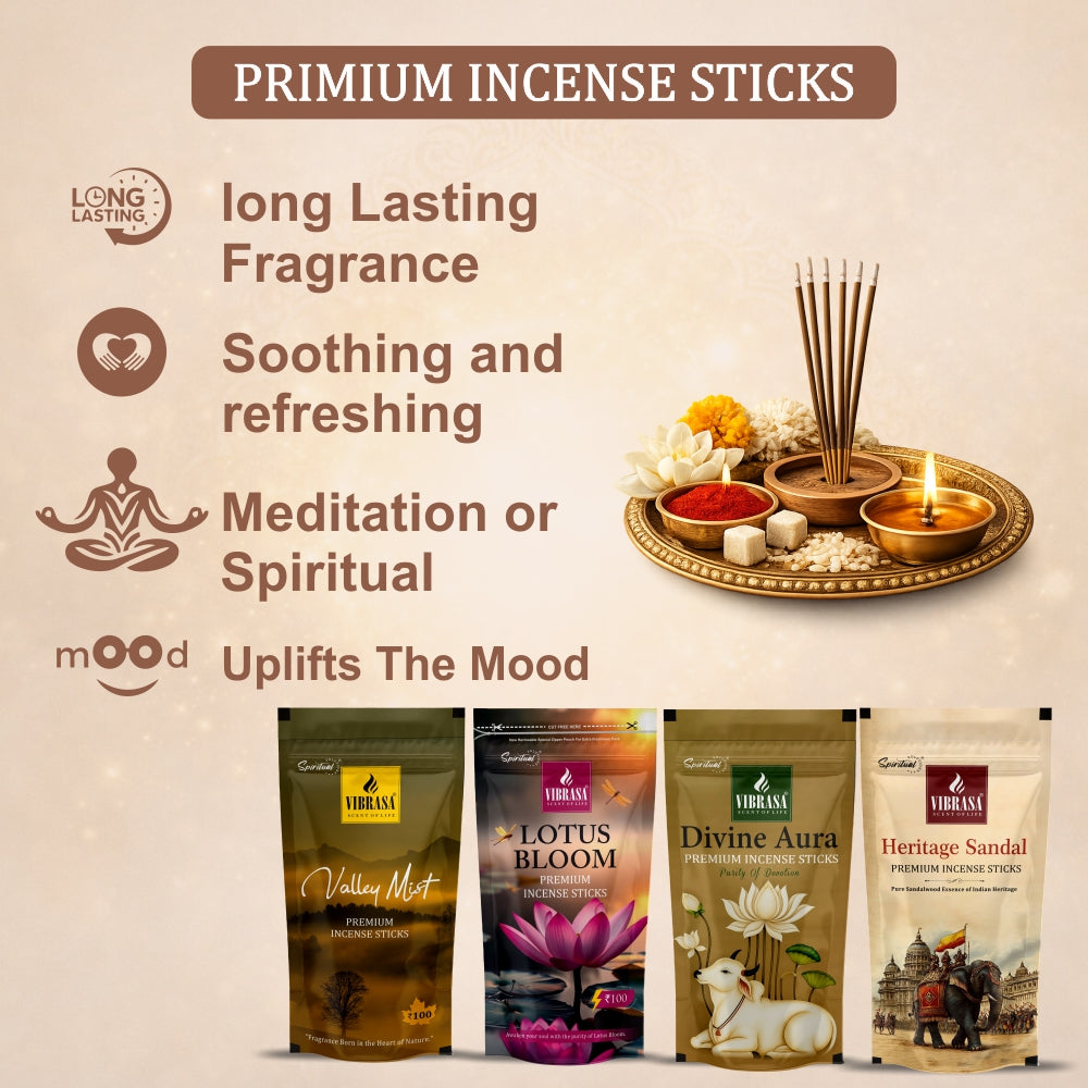 Premium Incense Sticks Zipper Pouch - Divine Aura, Heritage Sandal, Lotus Bloom, Valley Mist | Combo Pack 4 (90 g Each) | Long Lasting Natural Fragrance Agarbatti for Puja, Meditation, Home & Spiritual Ambience