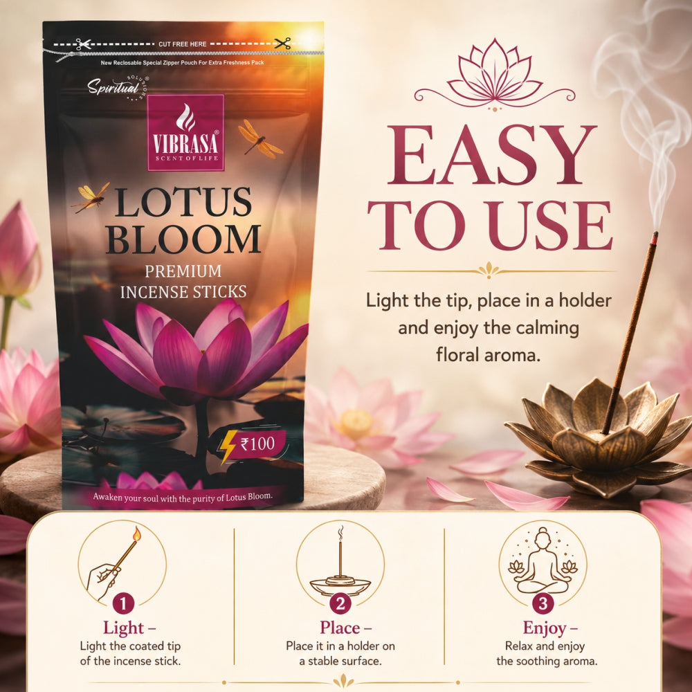 Lotus Bloom Premium Incense Sticks Zipper Pouch - Pack of 4 (90 g Each) | Long Lasting Natural Fragrance Agarbatti for Puja, Meditation, Home & Spiritual Ambience