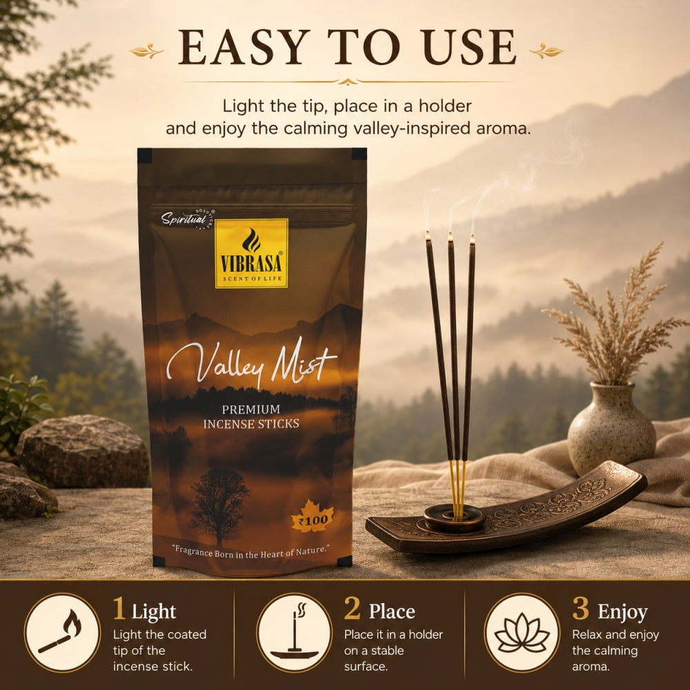 Valley Mist Premium Incense Sticks Zipper Pouch - Pack of 4 (90 g Each) | Long Lasting Natural Fragrance Agarbatti for Puja, Meditation, Home & Spiritual Ambience
