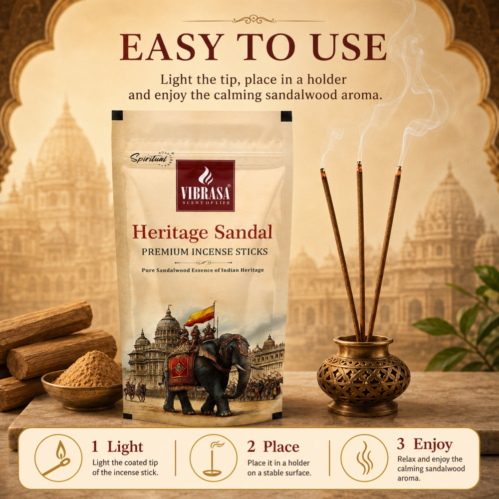 Heritage Sandal Premium Incense Sticks Zipper Pouch - Pack of 4 (90 g Each) | Long Lasting Natural Fragrance Agarbatti for Puja, Meditation, Home & Spiritual Ambience