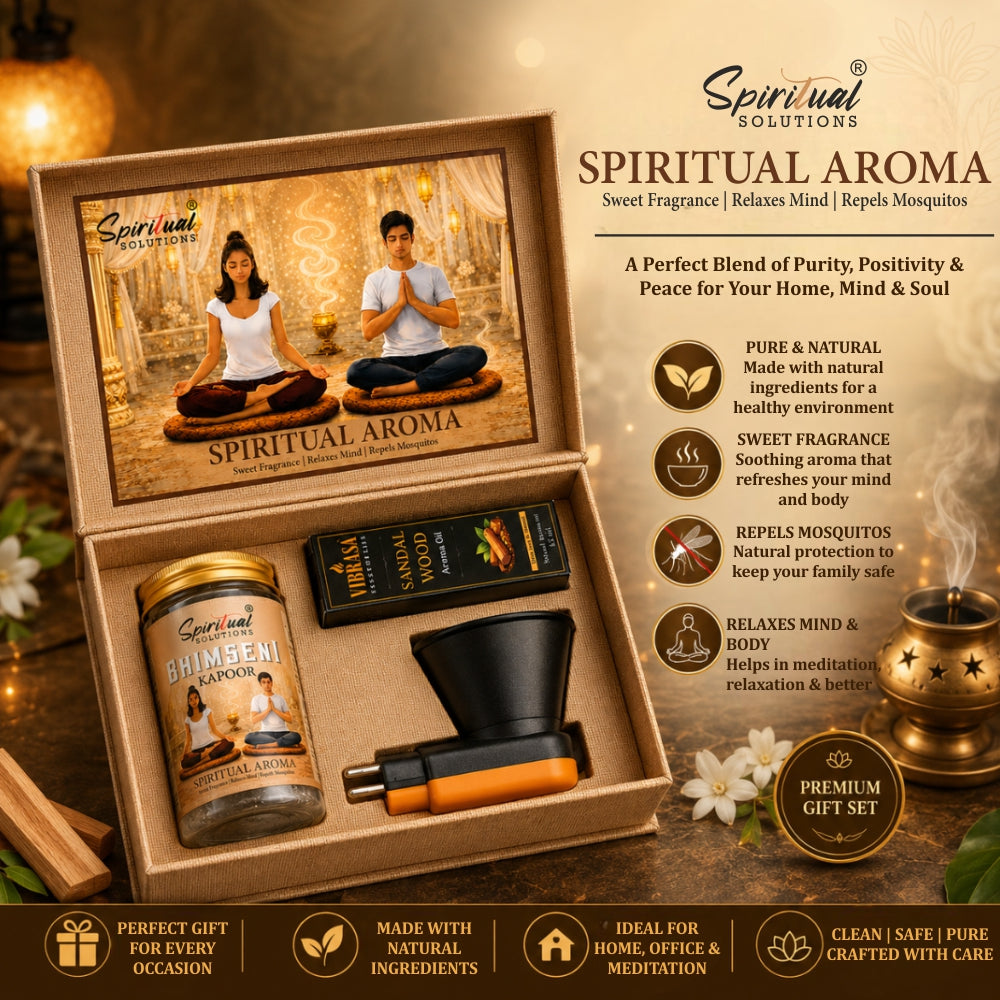 Spiritual Aroma Gift Set with Electric Kapoor Dani, Bhimseni Kapoor (100 g) & Sandalwood Aroma Oil (15 ml) for Puja, Meditation & Home Fragrance