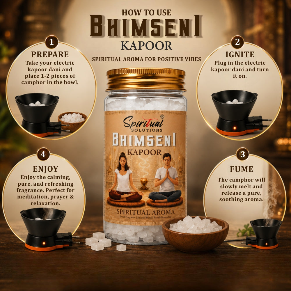 Spiritual Aroma Gift Set with Electric Kapoor Dani, Bhimseni Kapoor (100 g) & Sandalwood Aroma Oil (15 ml) for Puja, Meditation & Home Fragrance