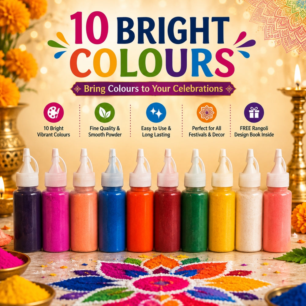 Premium Rangoli Colour Powder Set – 10 Vibrant Colors (100g Jar Each) | Easy-to-Use Decorative Powder for Diwali Rangoli, Pooja, Wedding & Festive Decorations