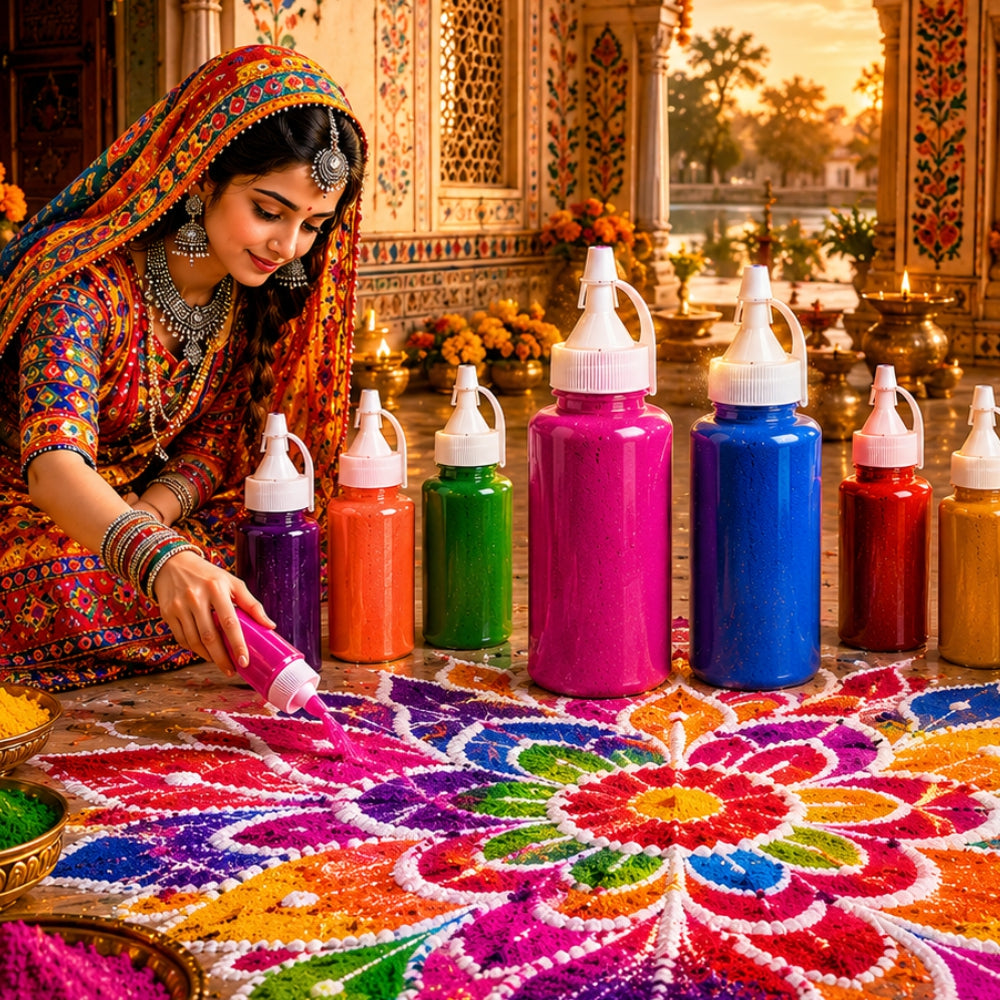 Premium Rangoli Colour Powder Set – 10 Vibrant Colors (100g Jar Each) | Easy-to-Use Decorative Powder for Diwali Rangoli, Pooja, Wedding & Festive Decorations