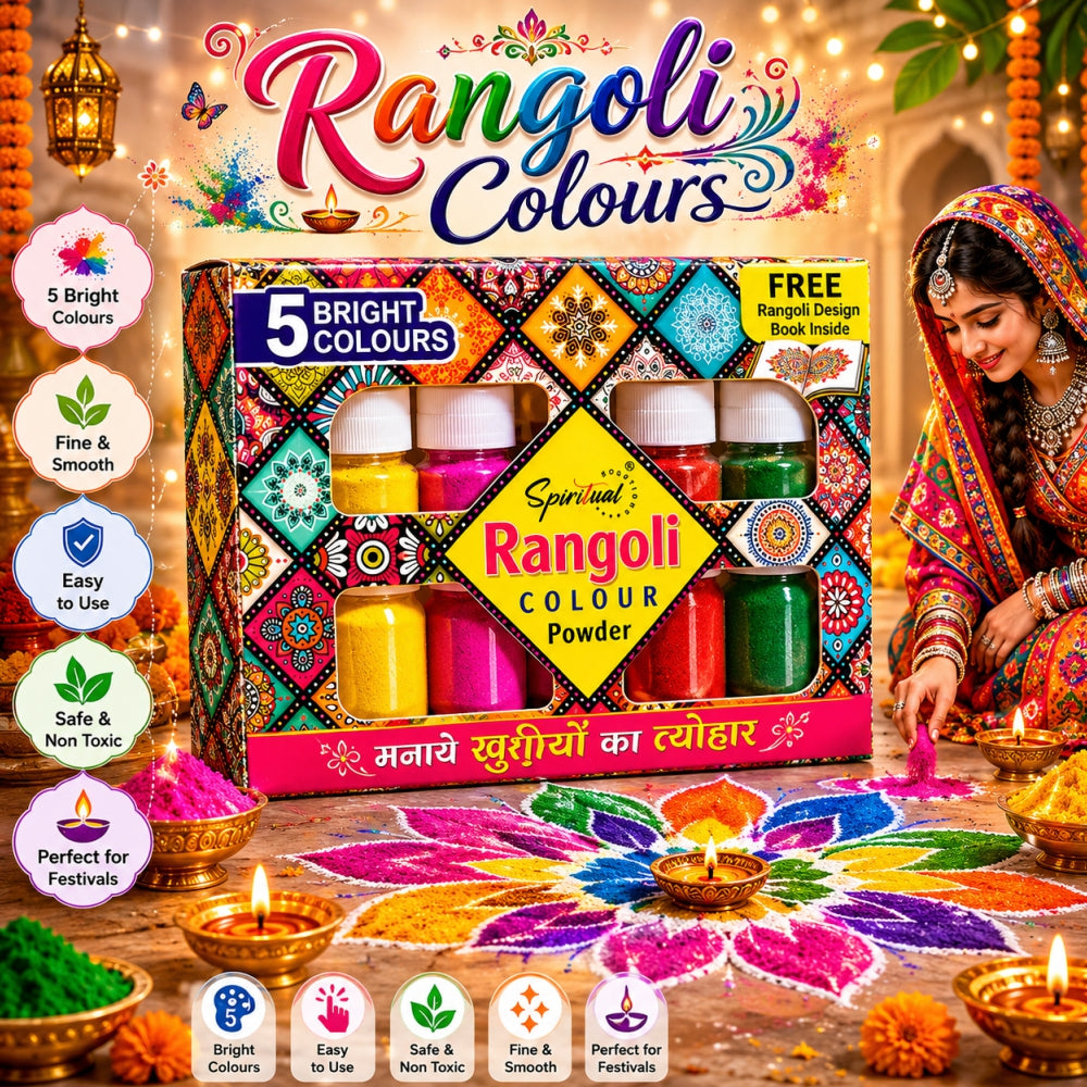 Premium Rangoli Colour Powder Set – 5 Vibrant Colors (100g Jar Each) | Easy-to-Use Decorative Powder for Diwali Rangoli, Pooja, Wedding & Festive Decorations