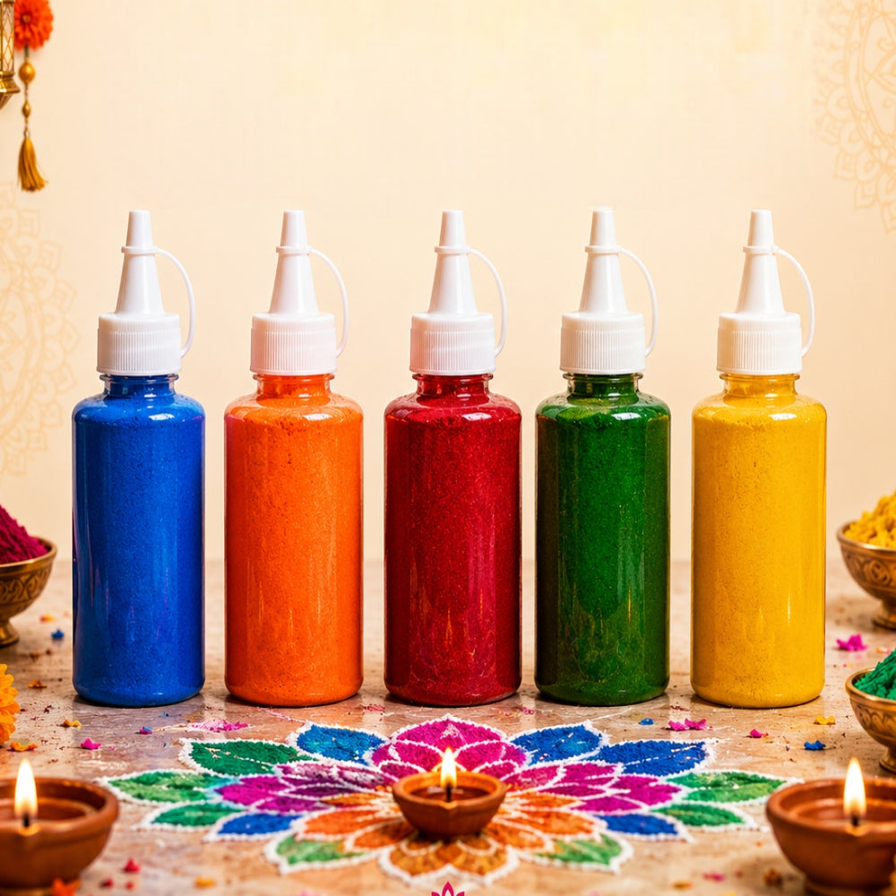 Premium Rangoli Colour Powder Set – 5 Vibrant Colors (100g Jar Each) | Easy-to-Use Decorative Powder for Diwali Rangoli, Pooja, Wedding & Festive Decorations