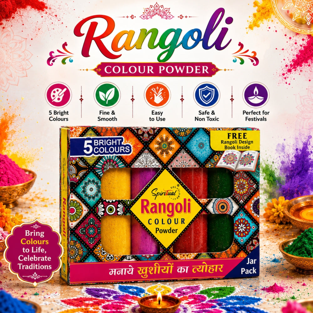 Premium Rangoli Colour Powder Set – 5 Vibrant Colors (100g Jar Each) | Easy-to-Use Decorative Powder for Diwali Rangoli, Pooja, Wedding & Festive Decorations