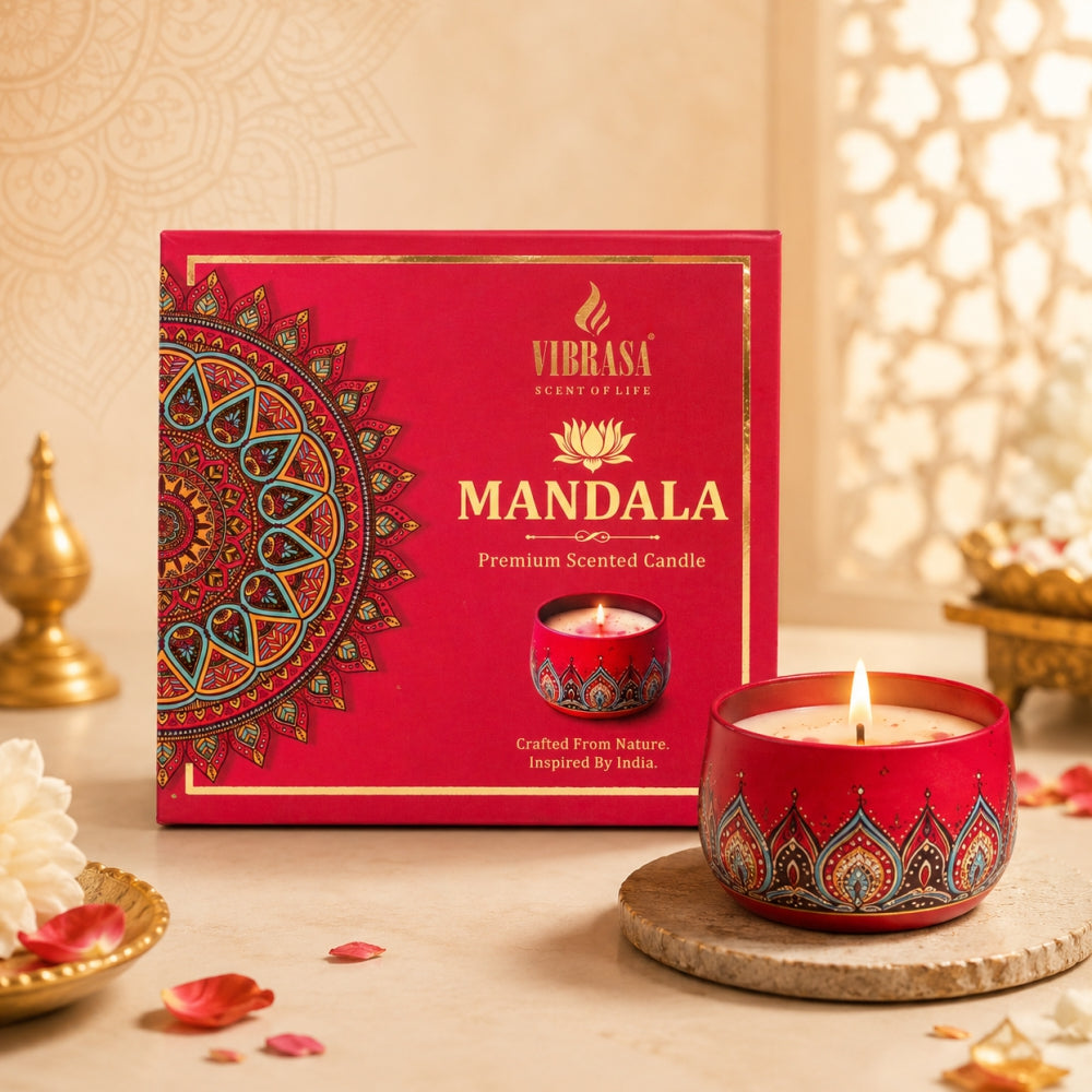 VIBRASA Mandala Premium Scented Candle Gift Box | Pack of 4 Decorative Candles | Indian Mandala Art Design | Fragrance Candle for Home Décor, Festivals, Meditation, Relaxation & Gifting