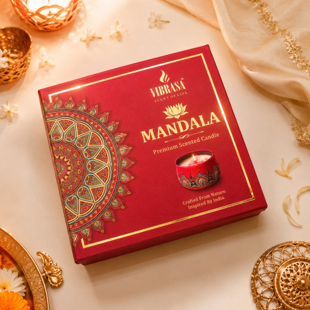 VIBRASA Mandala Premium Scented Candle Gift Box | Pack of 4 Decorative Candles | Indian Mandala Art Design | Fragrance Candle for Home Décor, Festivals, Meditation, Relaxation & Gifting