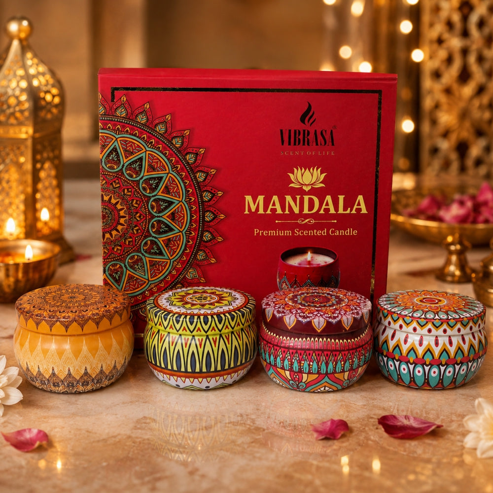 VIBRASA Mandala Premium Scented Candle Gift Box | Pack of 4 Decorative Candles | Indian Mandala Art Design | Fragrance Candle for Home Décor, Festivals, Meditation, Relaxation & Gifting