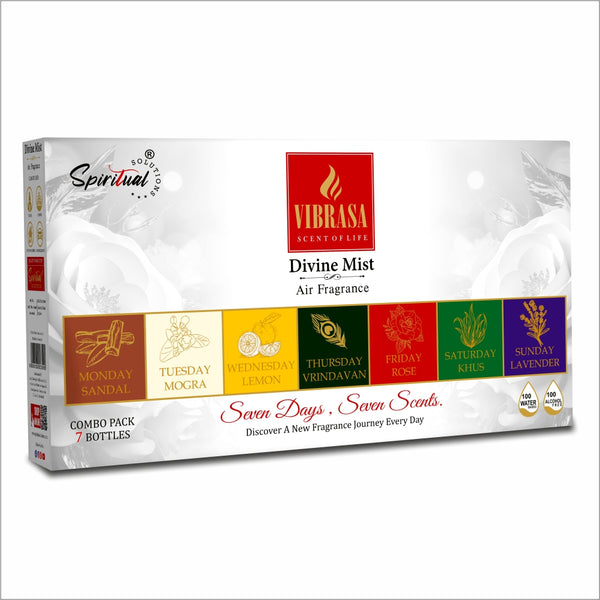 Divine Mist – 7 Days 7 Scents Combo Pack | 7 Spiritual Air Fragrances for 7 Days | Premium Air Freshener Spray – Sandal, Mogra, Lemon, Vrindavan, Rose, Khus & Lavender