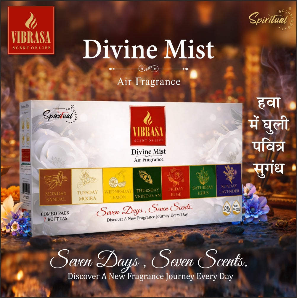 Divine Mist – 7 Days 7 Scents Combo Pack | 7 Spiritual Air Fragrances for 7 Days | Premium Air Freshener Spray – Sandal, Mogra, Lemon, Vrindavan, Rose, Khus & Lavender