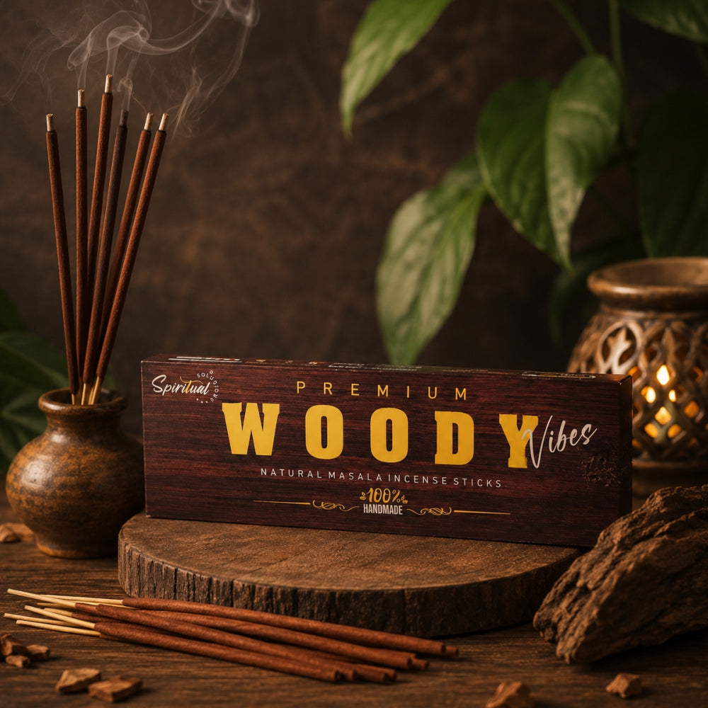 Woody Vibes Premium Masala Incense Sticks (50 g) | Long Lasting Natural Fragrance Agarbatti for Puja, Meditation, Home & Spiritual Ambience