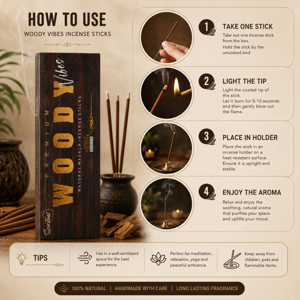 Woody Vibes Premium Masala Incense Sticks (50 g) | Long Lasting Natural Fragrance Agarbatti for Puja, Meditation, Home & Spiritual Ambience